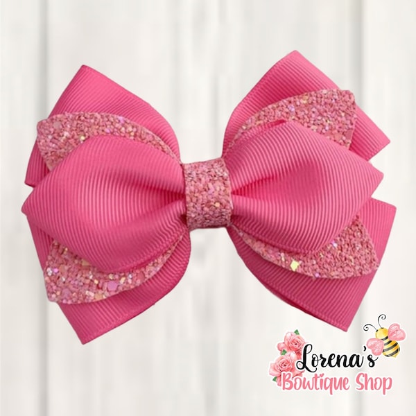 Hot Pink Glitter Hair Bow, Solid Color Hair Accessories