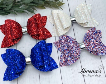 4th of July Glitter Hair Bow: Faux Leather Alligator Clip