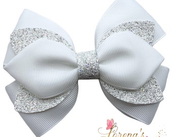 White Glitter Hair Bow, Layered Hairbow, Hair Accessories