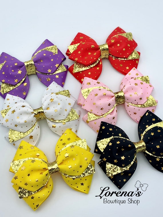 Gold Star Patterned Hair Bow Clip Baby Girls Hair Accessories - Golden Star Tulle Hair Bow main image 4