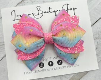 Pastel Rainbow Pink Glitter Hair Bow, Layered Hairbow, Hair Accessories