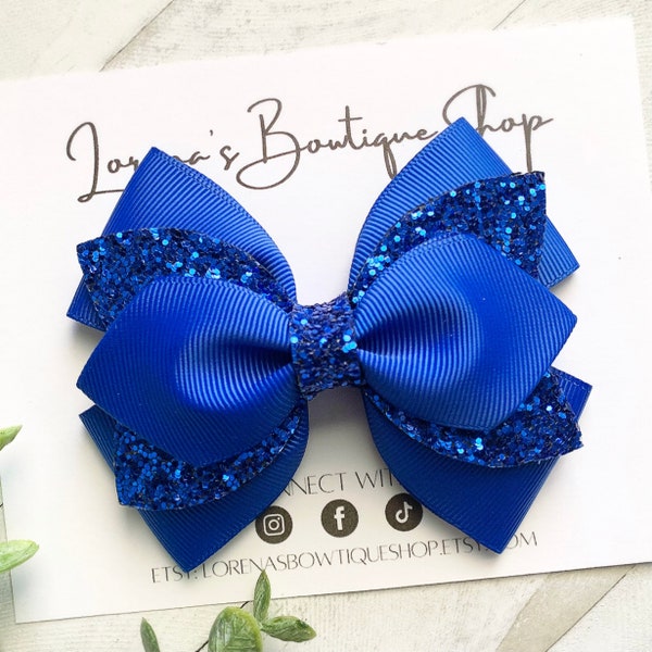 Electric Blue Glitter Hair Bow, Layered Hairbow, Hair Accessories