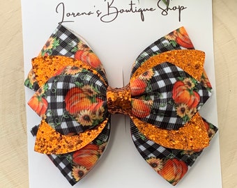 Buffalo Plaid Pumpkin Hair Bow, Layered Hairbow, Hair Accessories