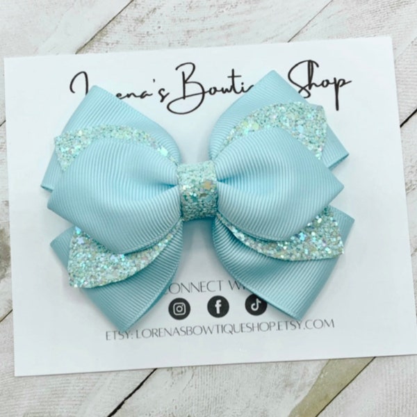 Light Blue Glitter Hair Bow, Solid Color Hair Accessories