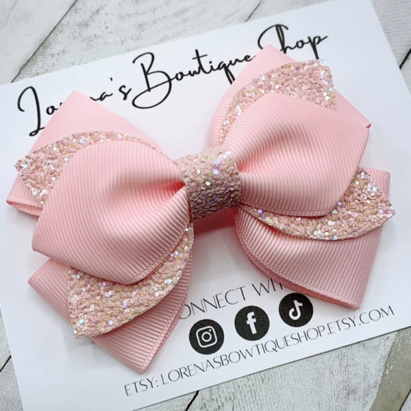 Light Pink Glitter Hair Bow, Layered Hairbow, Hair Accessories