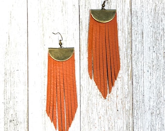 UT Austin Longhorn Orange Leather Fringe Earrings