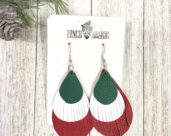 Green, White, and Red Layered Fringe Earrings