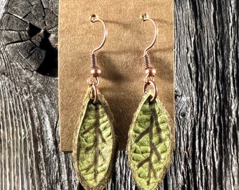 Small Green Leaf Leather Earrings