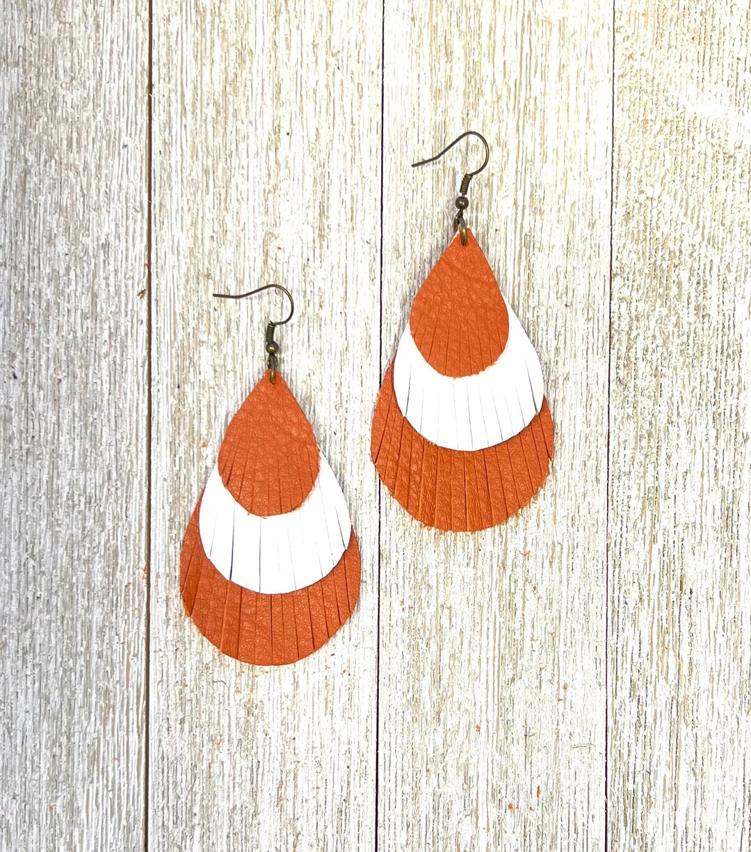 UT Austin Longhorn Orange and White/ Layered Fringe Teardrop Leather