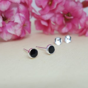 Black Stud Earrings, Round Silver Studs, Minimalist, Mini Silver Earrings