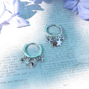 Silver Hoop Star Earrings, Dangle Stars, Minimalist, Round Hoop Earrings