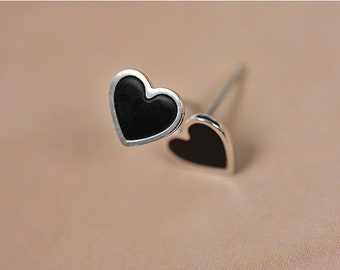 Tiny Black Heart Studs, Black Heart Earrings, Silver Black Heart Studs, Tiny Silver Studs