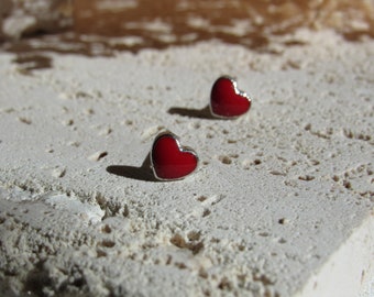 Red Heart Stud Earrings, Mini Heart Studs, Heart Shaped Silver Earrings, Heart Studs, Red, Silver Stud Earrings