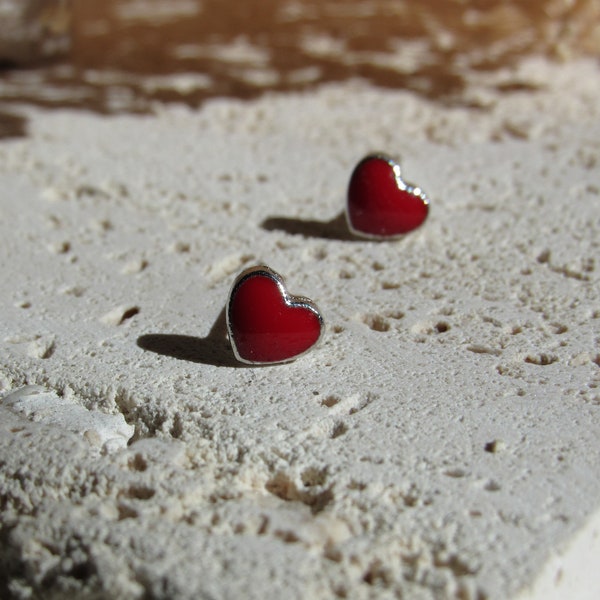 Red Heart Stud Earrings, Mini Heart Studs, Heart Shaped Silver Earrings, Heart Studs, Red, Silver Stud Earrings