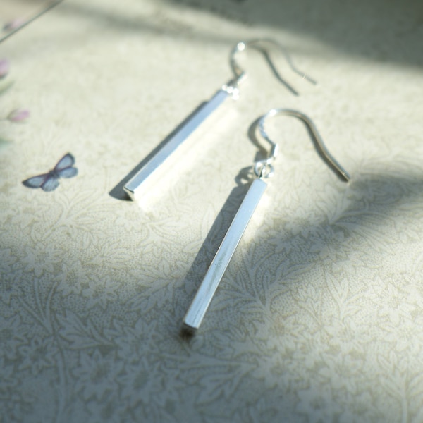 Dainty Sterling Silver Bar Drop Earrings, Simple Minimal