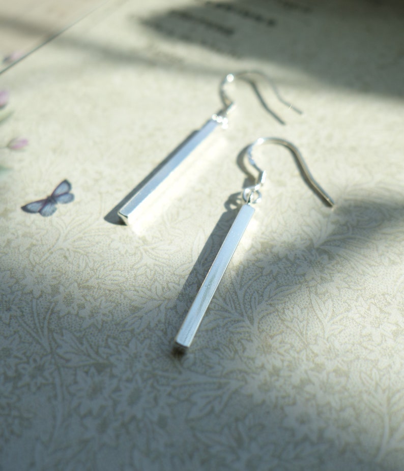 Silver Bar Earrings, Dainty Dangle Earrings, Minimalist Earrings, Long Silver Bars, Everyday Earrings, Gift for Her, image 1
