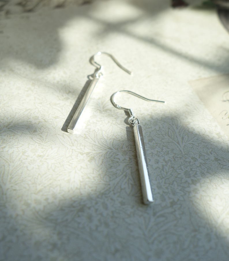 Silver Bar Earrings, Dainty Dangle Earrings, Minimalist Earrings, Long Silver Bars, Everyday Earrings, Gift for Her, image 2