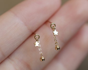 Gold Star Earrings, 14K gold Earrings, Dainty Gold Earrings, Drop Star Earrings
