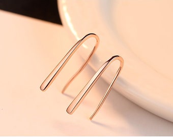 14K Rose Gold Wire Thread Earrings, Rose gold pull through hoops, Plated, Silver Hoop Earrings, Minimalist