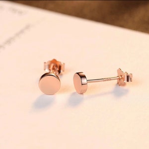 May include: A pair of rose gold stud earrings with round discs. The earrings have a simple and elegant design.