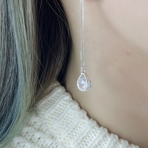 Silver Teardrop Earrings, Silver Threaders, Crystal Teardrops, Wedding Earrings, Bridesmaid Earrings, Silver Dangle Earrings