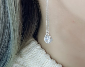 Silver Teardrop Earrings, Silver Threaders, Crystal Teardrops, Wedding Earrings, Bridesmaid Earrings, Silver Dangle Earrings