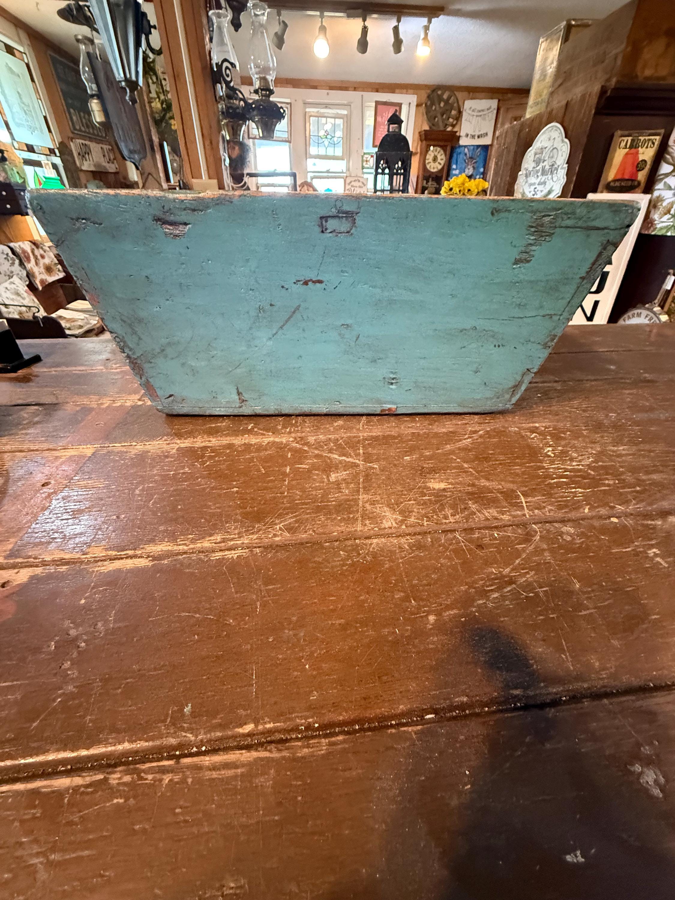 Antique primitive wooden box with old blue paint