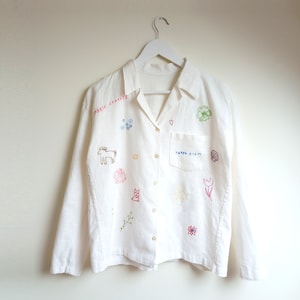 Open Collar Linen Shirt with Doodle Embroidery