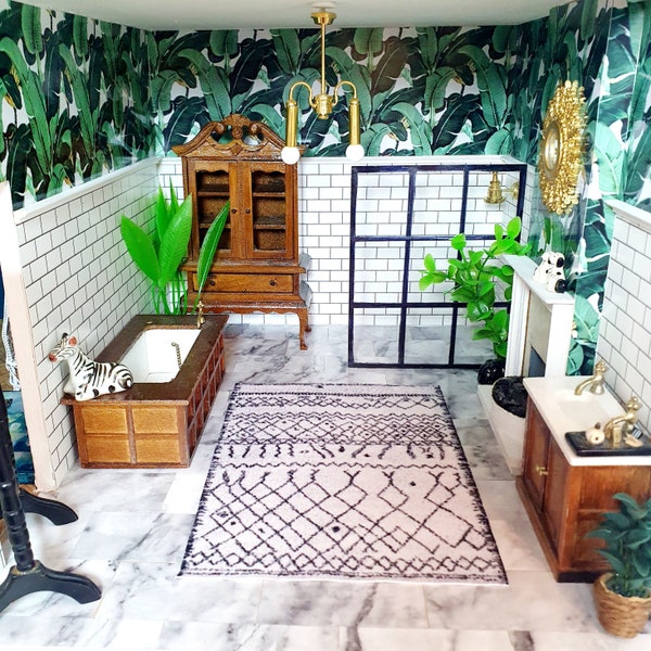 Poppenhuiskleed modern zwart-wit patroon voor poppenhuis / diorama / roombox of Maileg-scène (boho-scandi-stijl)