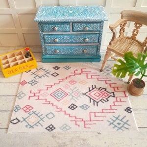 Dolls House Rug modern boho pattern for 12th scale dollshouse, diorama or roombox (multicoloured geometric Scandi style). Cute gift for girl