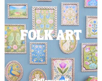 May include: A gallery wall arrangement featuring framed folk art prints with floral, animal, and landscape designs. The frames have silver beaded edges, and the background is a light blue. The text "FOLK ART" and "Gallery wall digital download" are visible.