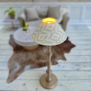Dolls House Battery lamp for a modern 12th scale dollshouse. LED battery light included. In beige cream grey and gold. No wiring needed.
