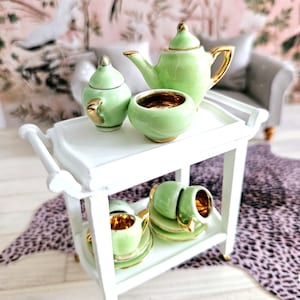 Dolls House tea /coffee set green miniature for 12th scale dollshouse, diorama or fairy garden. Perfect kitchen accessory and cute gift idea