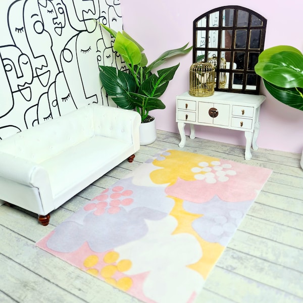Tapis boho floral pour maison de poupée moderne à l’échelle 12ème, diorama ou roombox (style scandi multicolore)