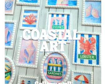 May include: Coastal art gallery wall digital download featuring framed watercolor paintings of nautical themes. Images include a lighthouse, lobster, sardines, seashells, and an umbrella on a beach. The word "AHOY" is visible.