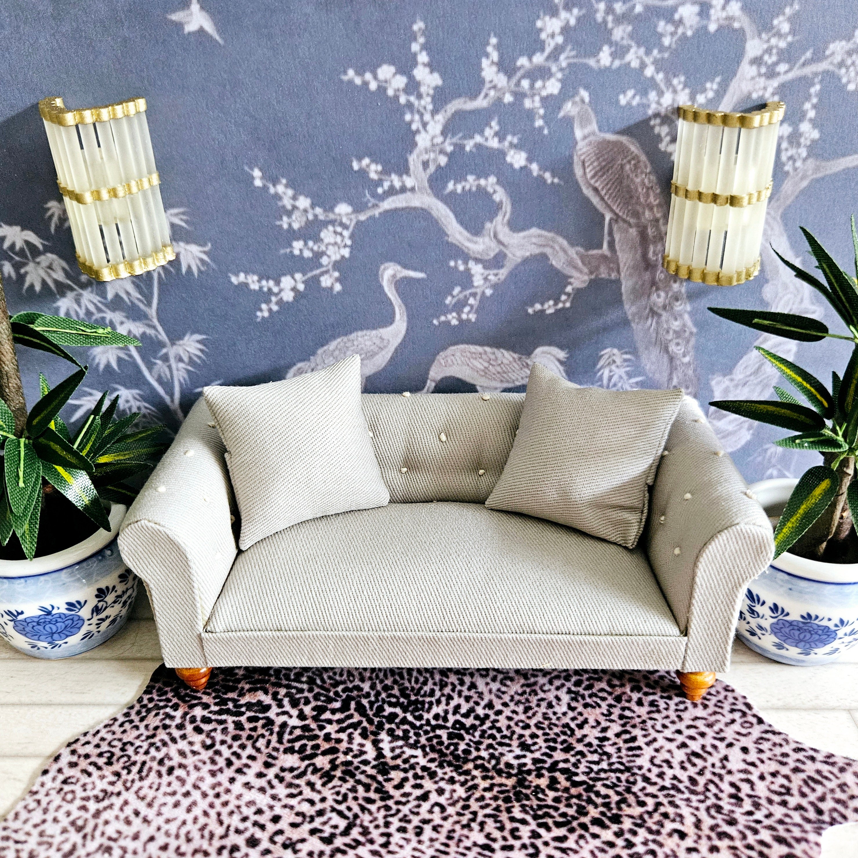 Dollshouse Sofa Grey Fabric Chesterfield in 12th Scale for Modern