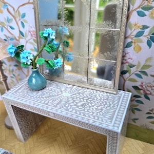 Dollhouse bone inlay beige and white console table in 12th scale for a modern dollshouse or maileg scene.