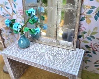 Dollhouse bone inlay beige and white console table in 12th scale for a modern dollshouse or maileg scene.