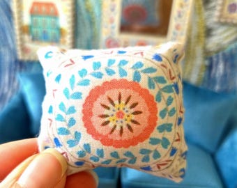 Dolls House Cushion Colourful Floral Folk Art Design for 12th scale dollshouse. Perfect gift for mum / mom / her / ladies /miniature lover