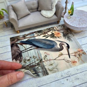 Dolls House Rug with heron floral print for modern 12th scale dollshouse, diorama or roombox in cream. Perfect gift fot a bird lover!