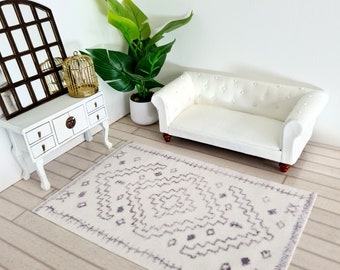 Dolls House Rug grey and white boho pattern for 12th scale dollshouse / diorama / roombox or Maileg scene (Boho Scandi Style). Stylish gift.