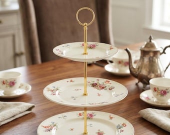 733,  3-tier vintage cake stand,  white porcelain,  delicate multi-colored floral bouquet pattern, Crooksville 1040