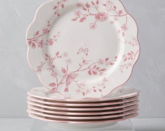 Grace Dinner Plates, 11”, Pink,  Botanical Birds, Porcelain Plates, 6 available