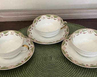 Set of 3 French Limoges Tea Cups & Saucers, Lanternier Porcelain, Green Trim