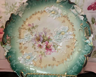 RS PRUSSIA Floral Cake Plate, Hand Painted Art Nouveau, 10" Collectible
