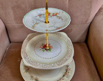 558, Three tier vintage cake stand, antique, 1920s, 40s, perfect for bridal shower or wedding