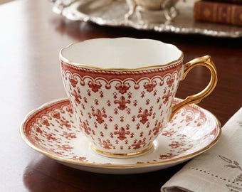 Vintage Grosvenor Teacup Saucer Set, Red Fleur-de-lys Design, Fine Bone China