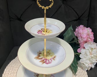 717, Three tier vintage cake stand, Yellow Rose by Narumi, Shabby Chic, Mid-Century, rare