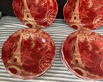 222 Fifth Joyeux Noel Porcelain Appetizer Plates, Red Eiffel Tower Design, Parisian, priced ea