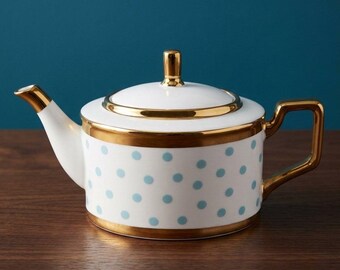 Grace Teapot, New, Blue/Gold/ White Polka Dot , gold lid, handle, made by Almeria